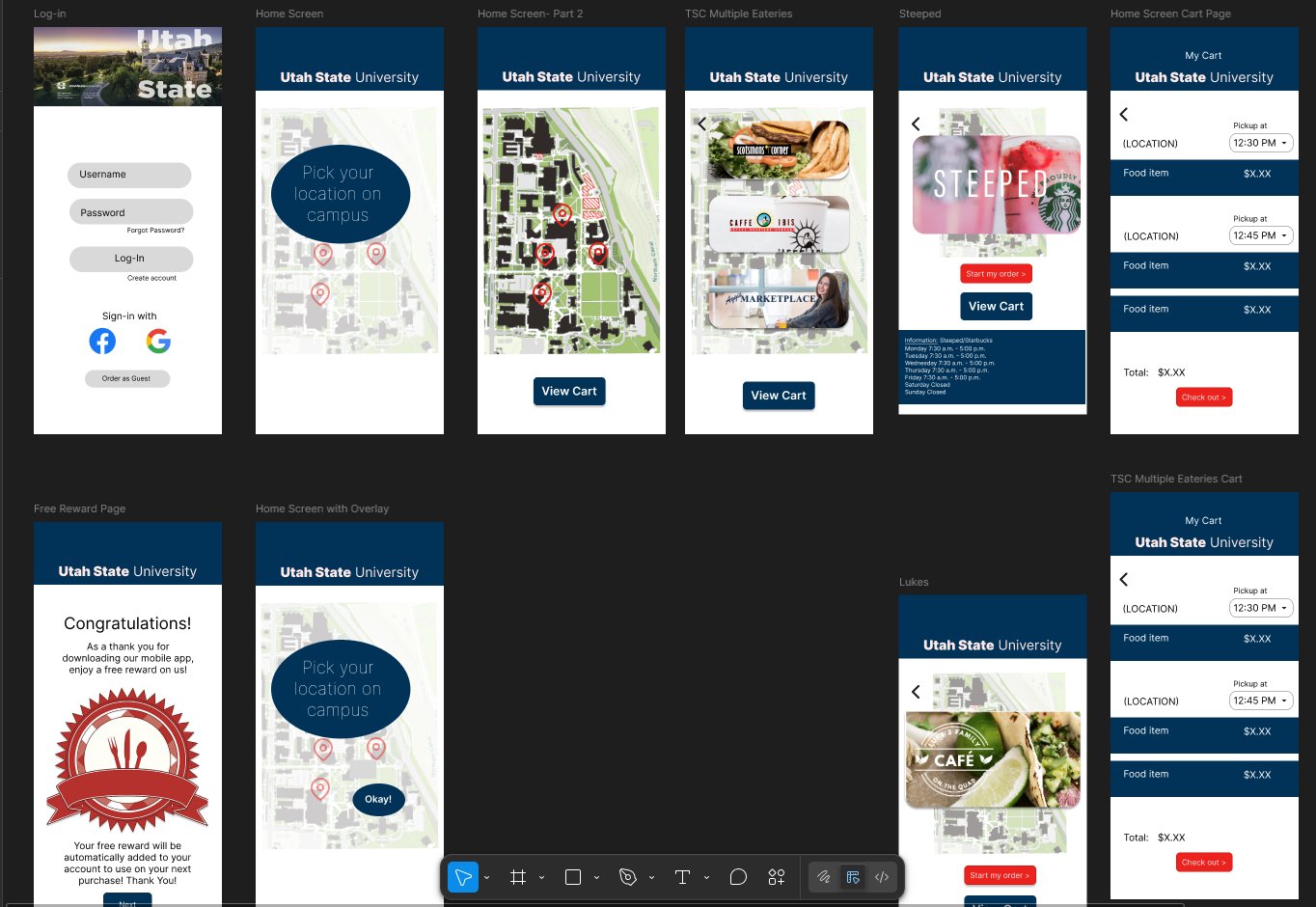 USU Dining App Figma wireframes